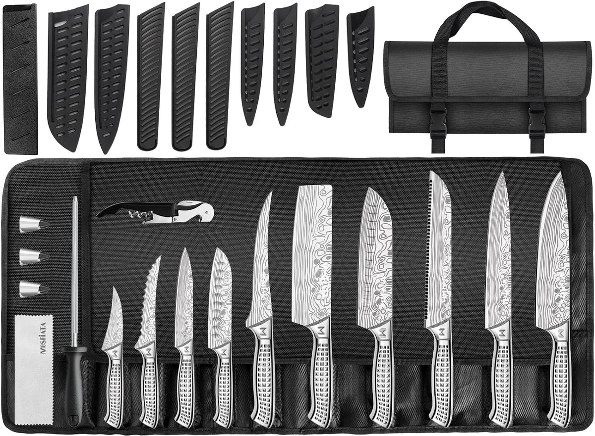 Kitchen Knife Set, Japanese Stainless Steel Knife Sets for Kitchen with Oxford cloth storage bag with Knife Sharpening Rod, Dishwasher Safe, For Outdoor