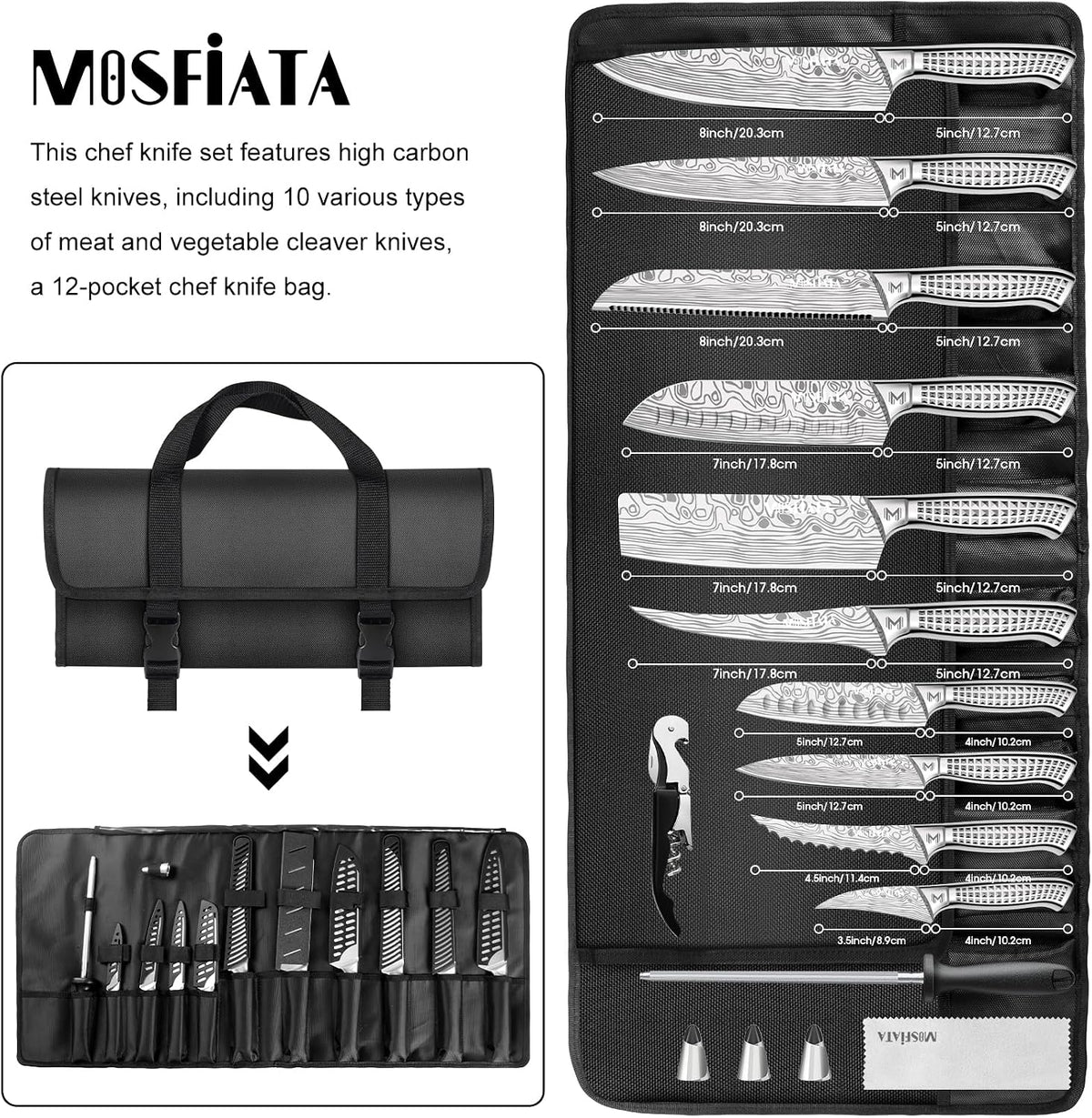 Kitchen Knife Set, Japanese Stainless Steel Knife Sets for Kitchen with Oxford cloth storage bag with Knife Sharpening Rod, Dishwasher Safe, For Outdoor