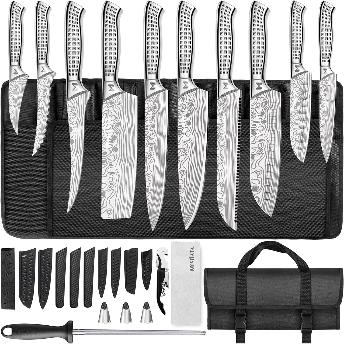 Kitchen Knife Set, Japanese Stainless Steel Knife Sets for Kitchen with Oxford cloth storage bag with Knife Sharpening Rod, Dishwasher Safe, For Outdoor