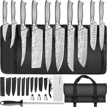 Kitchen Knife Set, Japanese Stainless Steel Knife Sets for Kitchen with Oxford cloth storage bag with Knife Sharpening Rod, Dishwasher Safe, For Outdoor