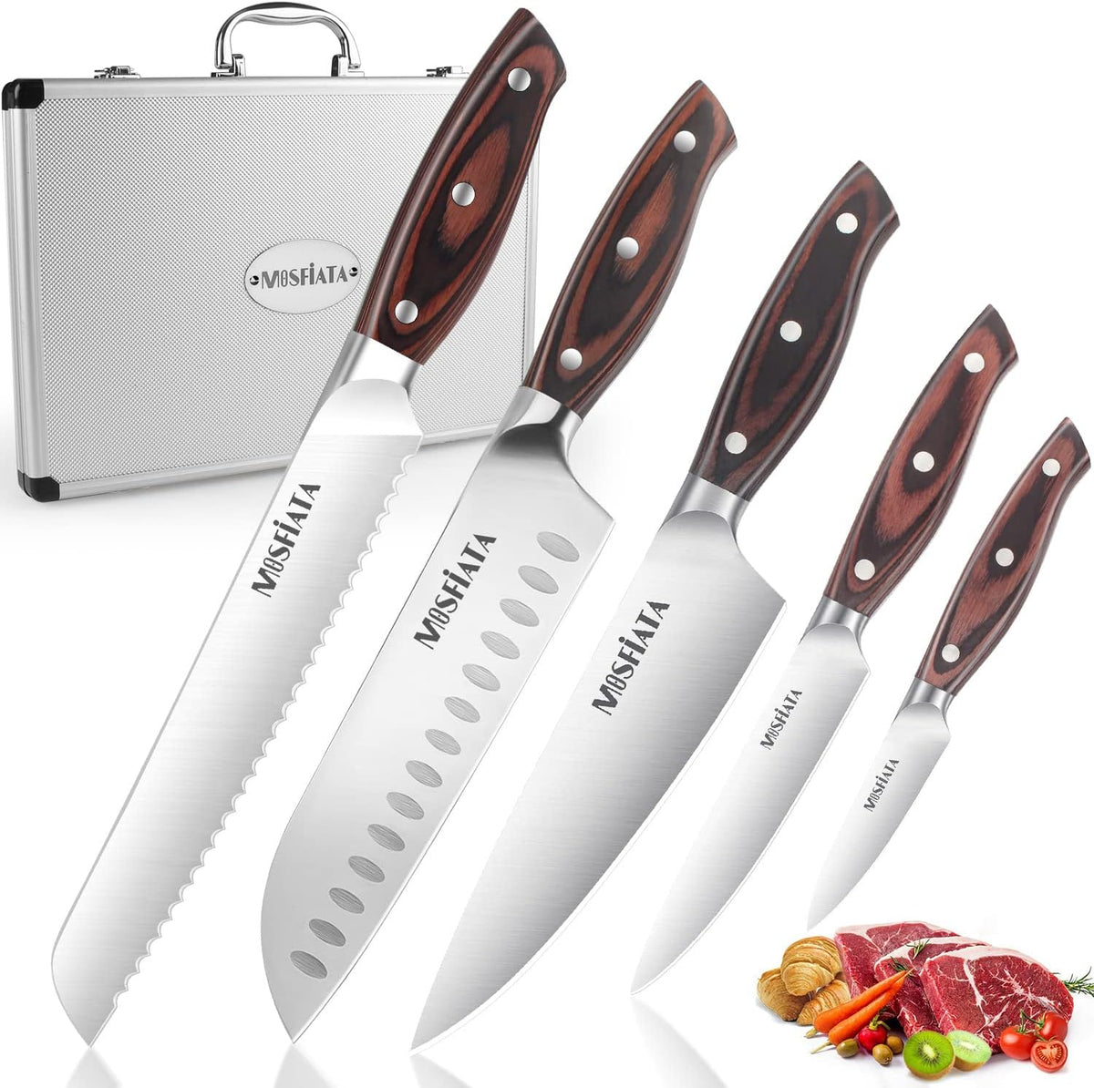 Kitchen Knife Set, Japanese Stainless Steel Knife Sets for Kitchen with Oxford cloth storage bag with Knife Sharpening Rod, Dishwasher Safe, For Outdoor