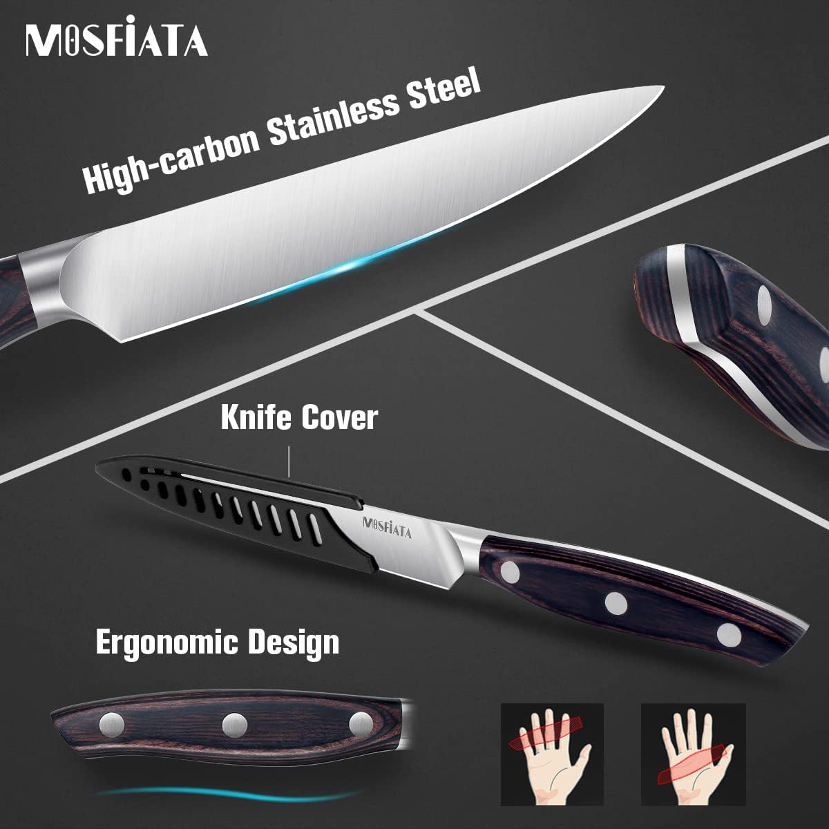 Kitchen Knife Set, Japanese Stainless Steel Knife Sets for Kitchen with Oxford cloth storage bag with Knife Sharpening Rod, Dishwasher Safe, For Outdoor
