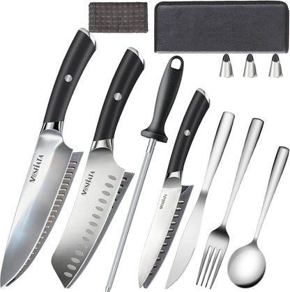 Kitchen Knife Set, Japanese Stainless Steel Knife Sets for Kitchen with Oxford cloth storage bag with Knife Sharpening Rod, Dishwasher Safe, For Outdoor
