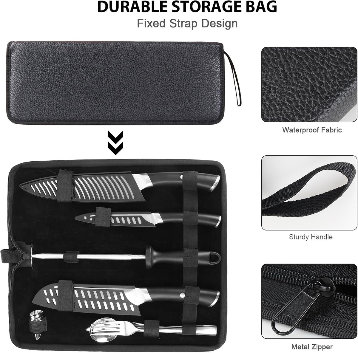 Kitchen Knife Set, Japanese Stainless Steel Knife Sets for Kitchen with Oxford cloth storage bag with Knife Sharpening Rod, Dishwasher Safe, For Outdoor