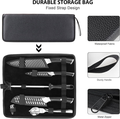 Kitchen Knife Set, Japanese Stainless Steel Knife Sets for Kitchen with Oxford cloth storage bag with Knife Sharpening Rod, Dishwasher Safe, For Outdoor
