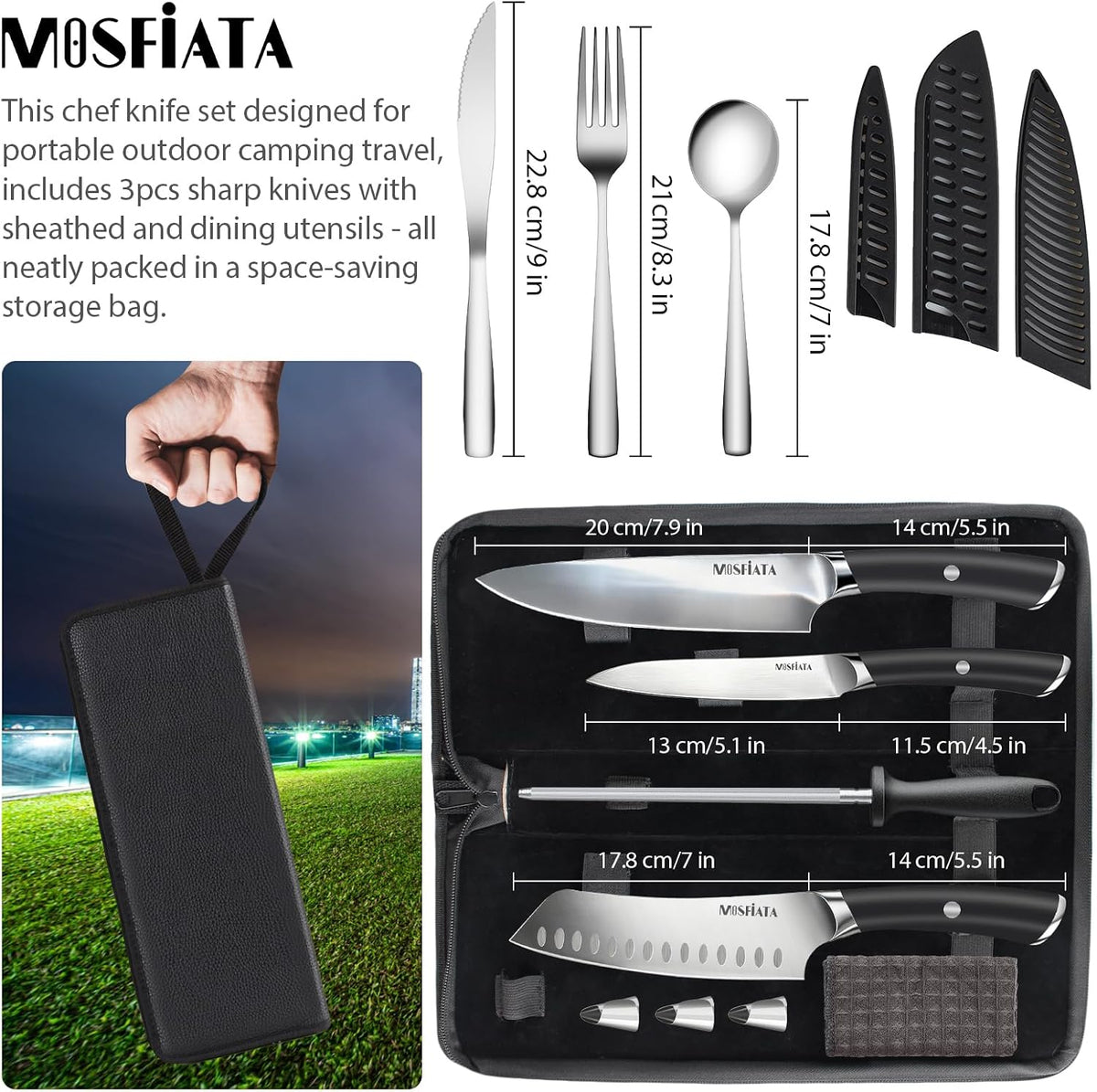 Kitchen Knife Set, Japanese Stainless Steel Knife Sets for Kitchen with Oxford cloth storage bag with Knife Sharpening Rod, Dishwasher Safe, For Outdoor