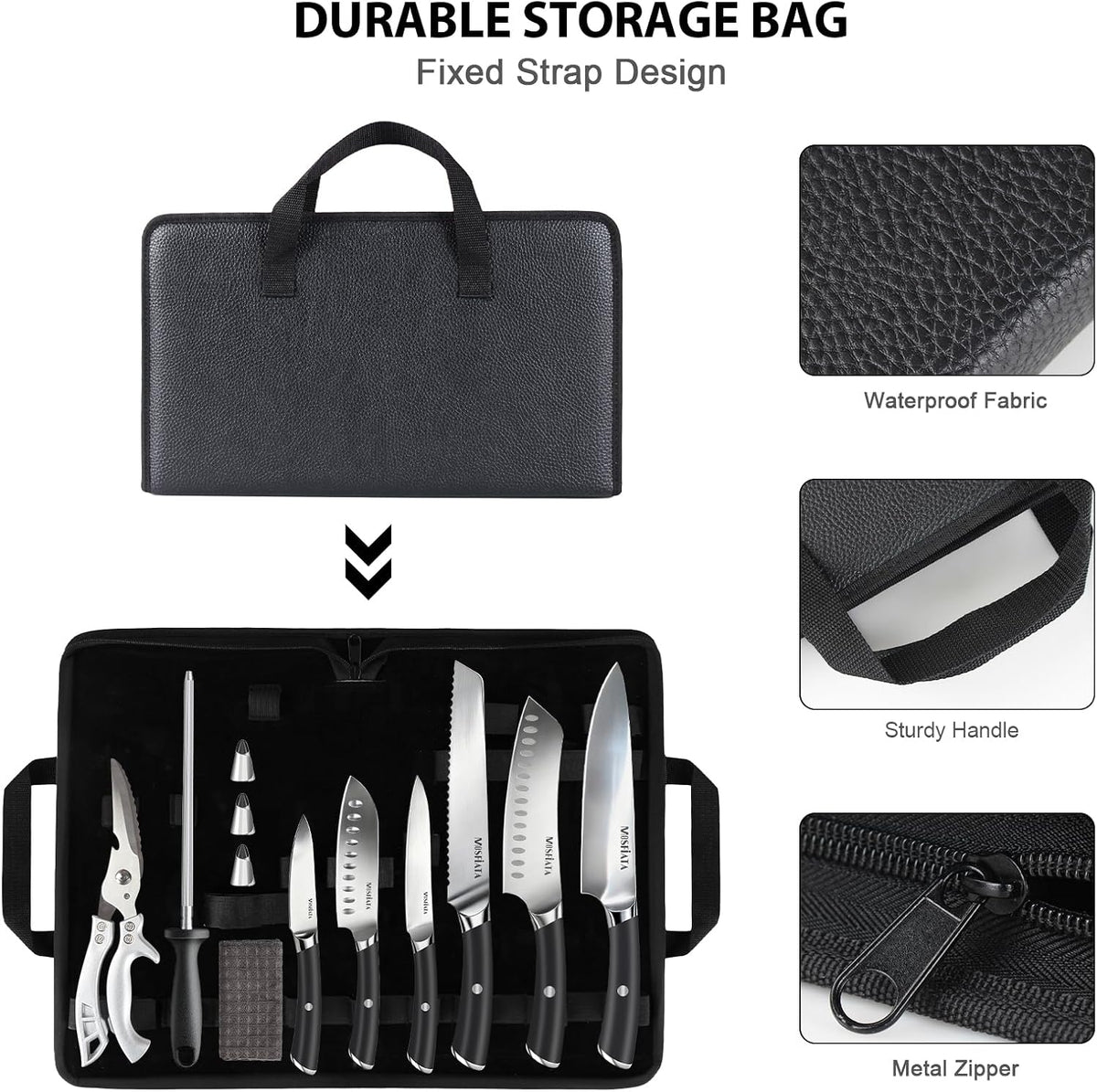 Kitchen Knife Set, Japanese Stainless Steel Knife Sets for Kitchen with Oxford cloth storage bag with Knife Sharpening Rod, Dishwasher Safe, For Outdoor