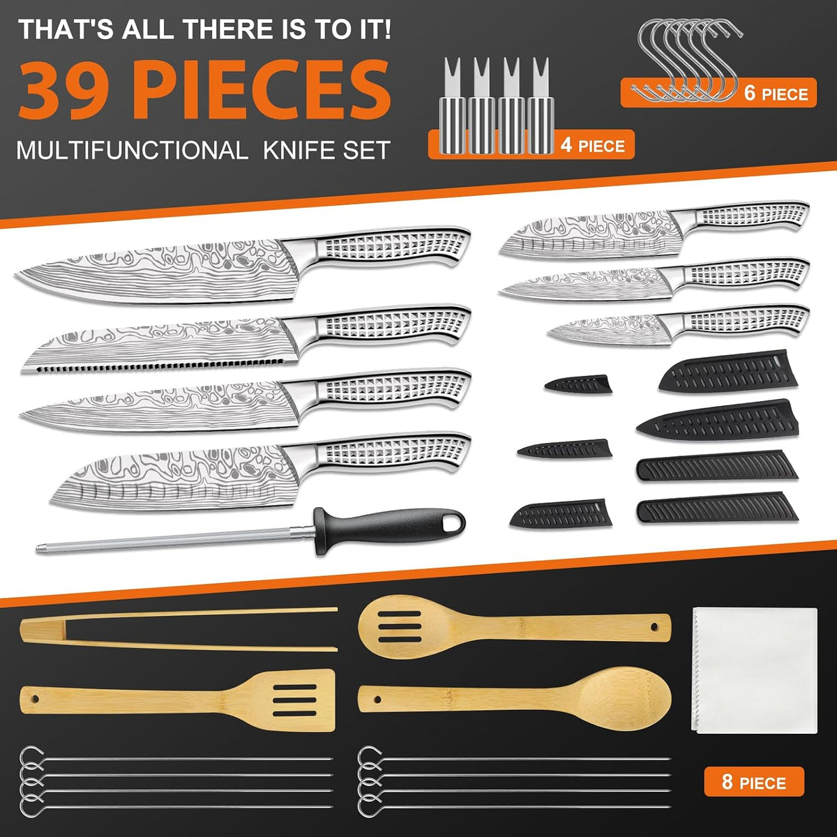 Kitchen Knife Set, Japanese Stainless Steel Knife Sets for Kitchen with Oxford cloth storage bag with Knife Sharpening Rod, Dishwasher Safe, For Outdoor