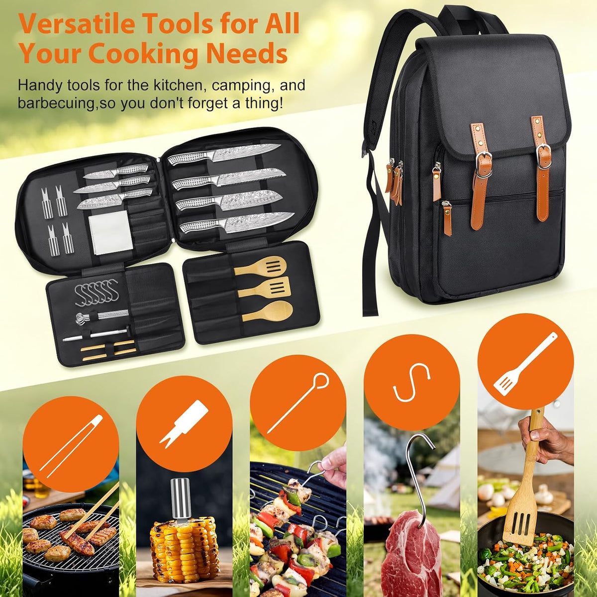 Kitchen Knife Set, Japanese Stainless Steel Knife Sets for Kitchen with Oxford cloth storage bag with Knife Sharpening Rod, Dishwasher Safe, For Outdoor