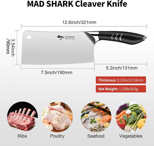 7.5 Inch Meat Cleaver Knife, Professional Bone Chopping Butcher with Heavy Duty Blade, German Military Grade Composite Steel, Chinese Chef's Bone Cutting Knife for Home Kitchen & Restaurant