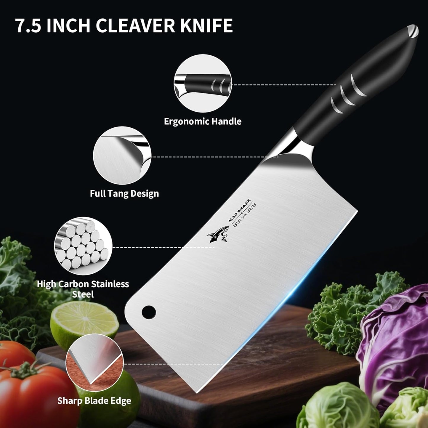 7.5 Inch Meat Cleaver Knife, Professional Bone Chopping Butcher with Heavy Duty Blade, German Military Grade Composite Steel, Chinese Chef's Bone Cutting Knife for Home Kitchen & Restaurant