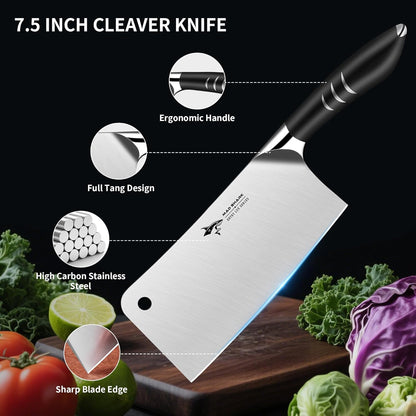 7.5 Inch Meat Cleaver Knife, Professional Bone Chopping Butcher with Heavy Duty Blade, German Military Grade Composite Steel, Chinese Chef's Bone Cutting Knife for Home Kitchen & Restaurant