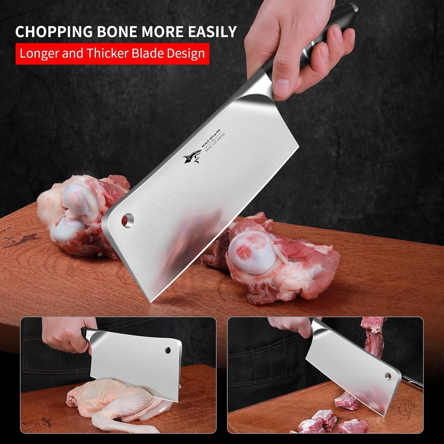 7.5 Inch Meat Cleaver Knife, Professional Bone Chopping Butcher with Heavy Duty Blade, German Military Grade Composite Steel, Chinese Chef's Bone Cutting Knife for Home Kitchen & Restaurant
