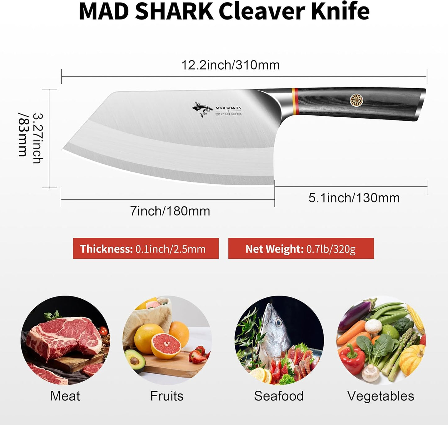 7.5 Inch Meat Cleaver Knife, Professional Bone Chopping Butcher with Heavy Duty Blade, German Military Grade Composite Steel, Chinese Chef's Bone Cutting Knife for Home Kitchen & Restaurant