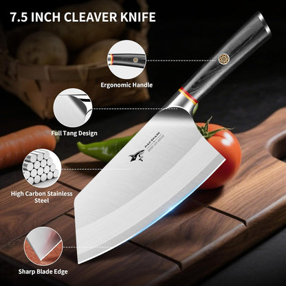 7.5 Inch Meat Cleaver Knife, Professional Bone Chopping Butcher with Heavy Duty Blade, German Military Grade Composite Steel, Chinese Chef's Bone Cutting Knife for Home Kitchen & Restaurant