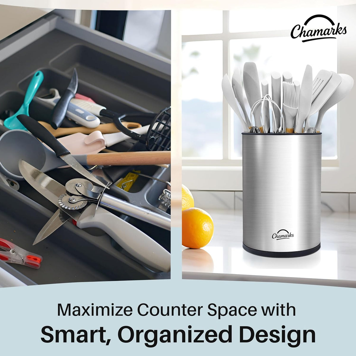 3-in-1 Kitchen Utensil Holder for Countertop with Knife Block and Silverware Caddy. (Silver)