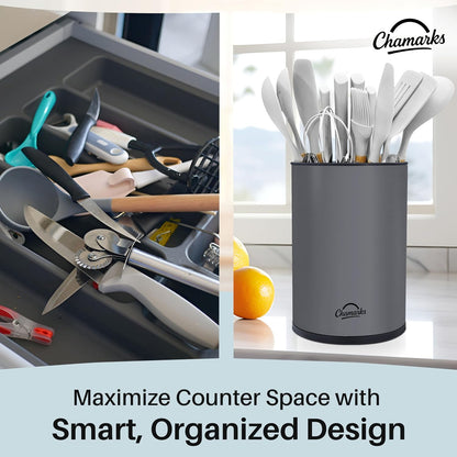 3-in-1 Kitchen Utensil Holder for Countertop with Knife Block and Silverware Caddy. (Silver)