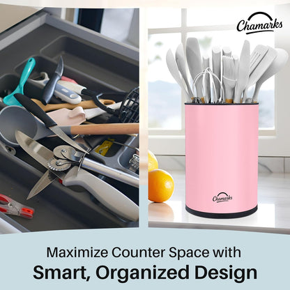 3-in-1 Kitchen Utensil Holder for Countertop with Knife Block and Silverware Caddy. (Silver)