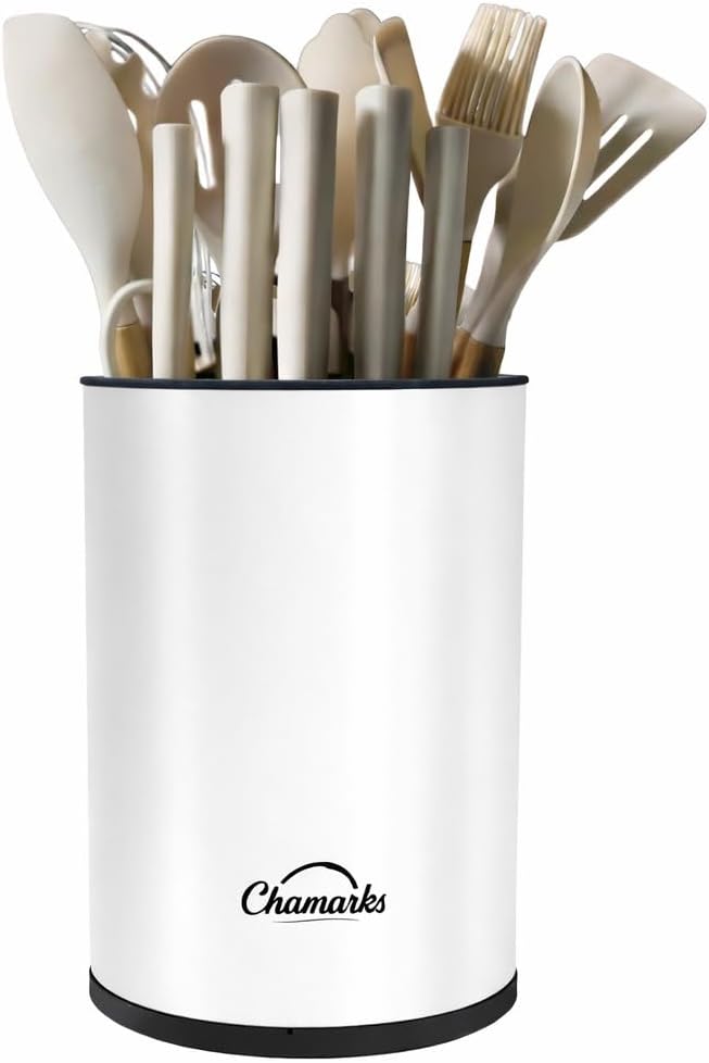 3-in-1 Kitchen Utensil Holder for Countertop with Knife Block and Silverware Caddy. (Silver)