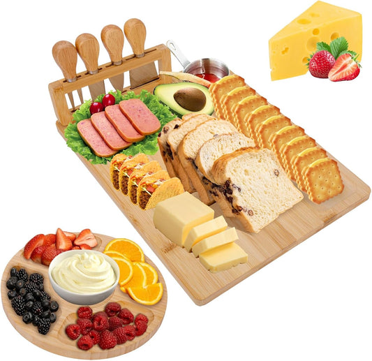 Bamboo Charcuterie Board Set - Cheese Serving Platter with 4 Stainless Steel Knives and Fruit Tray - Elegant Cheese Board for Parties, Weddings, and Home Entertaining