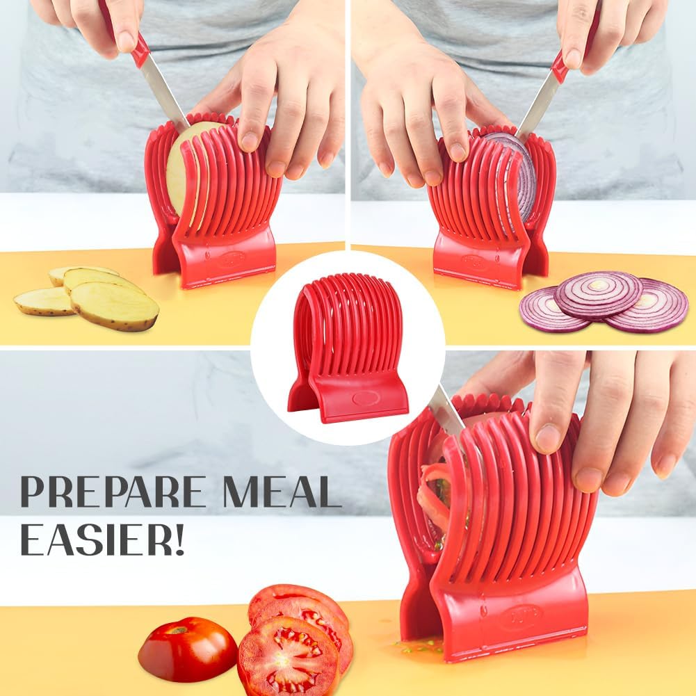 Multiuse Tomato Slicer Holder with Firm Grip Ergonomic 13 Dividers Design for Precise Cuts Slicing Shredding Tomatoes Lemons Potatoes Round Fruits Vegetables with Bonus eBook