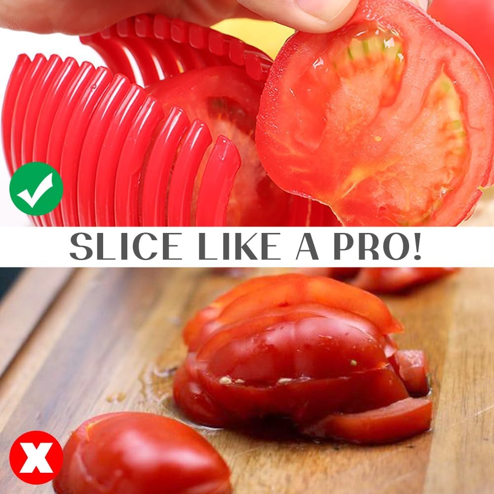 Multiuse Tomato Slicer Holder with Firm Grip Ergonomic 13 Dividers Design for Precise Cuts Slicing Shredding Tomatoes Lemons Potatoes Round Fruits Vegetables with Bonus eBook