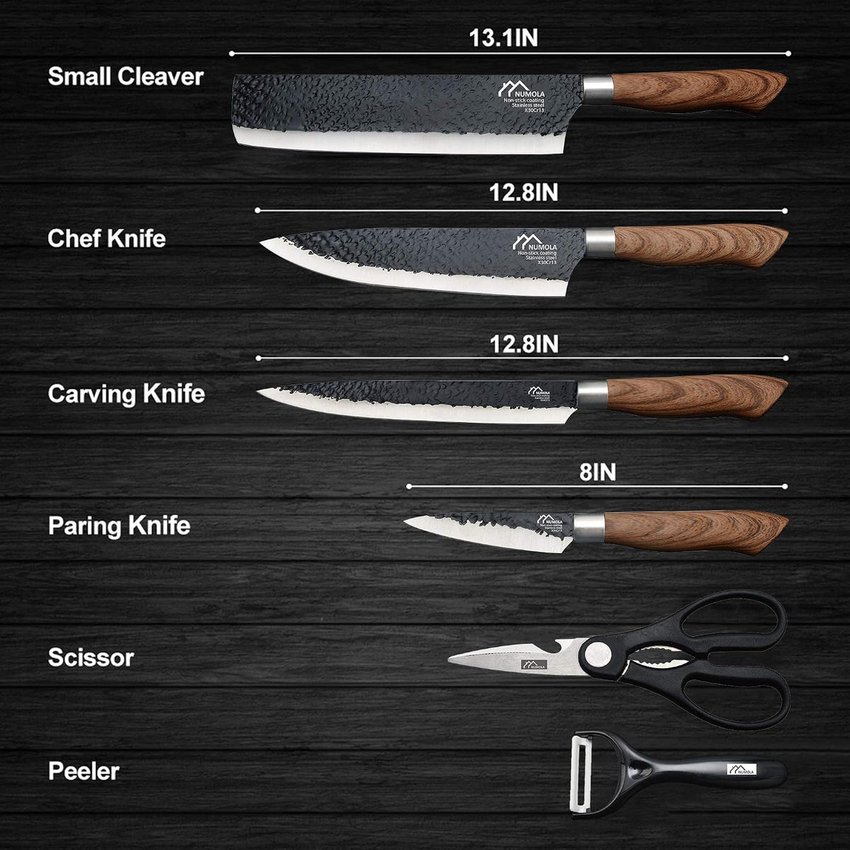 6 Pieces Black Professional Chef Knife Set with Stainless Steel Cutlery