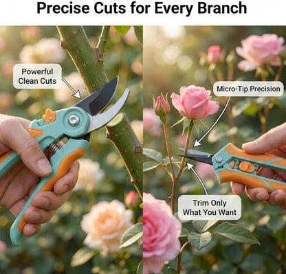 Pruning Shears 2-Pack — 8" Bypass Hand Pruner & 6.25" Precision Snips, SK5 Steel Blades with Non-Stick Coating, Lightweight Garden Shears for Roses, Flowers & Shrubs, Blue