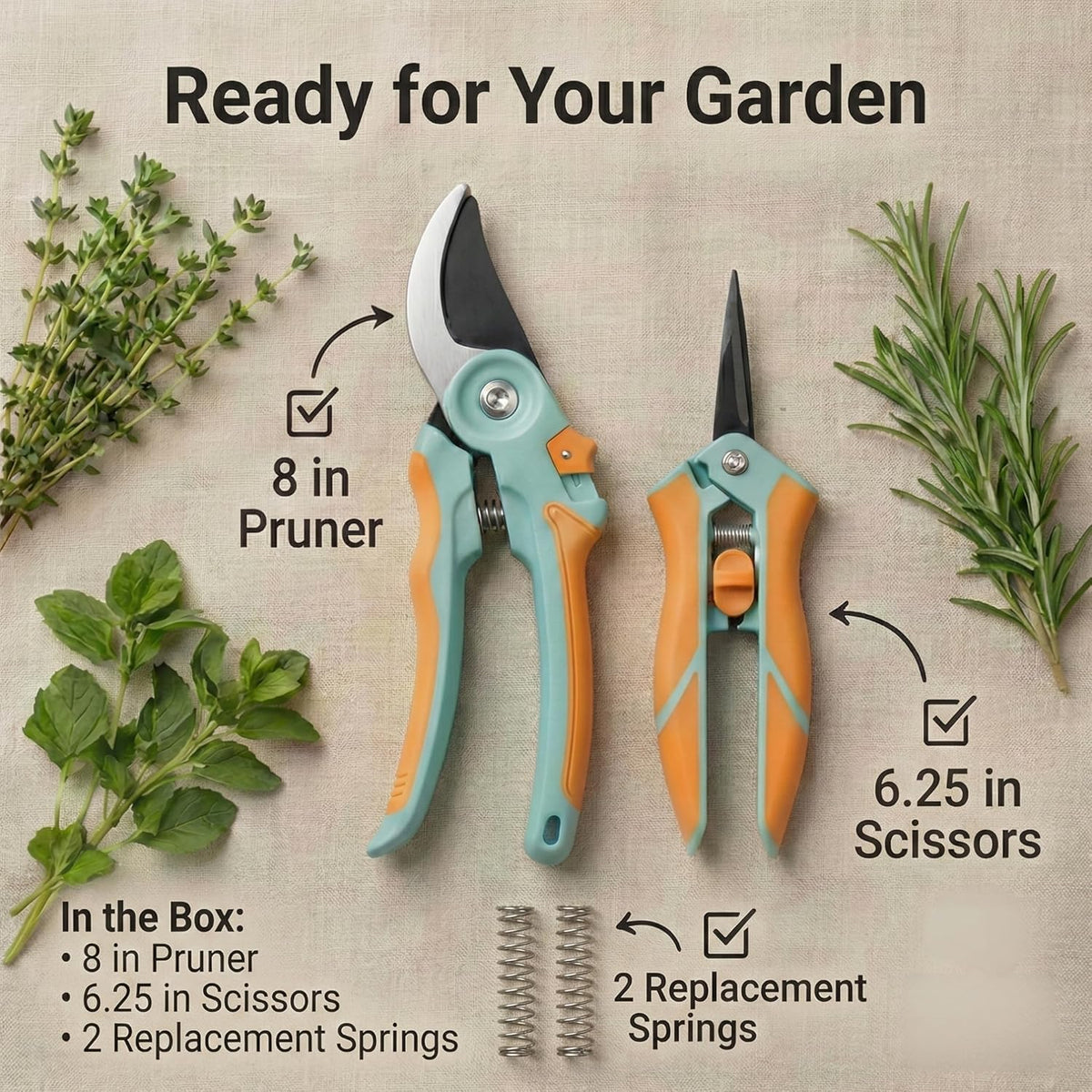 Pruning Shears 2-Pack — 8" Bypass Hand Pruner & 6.25" Precision Snips, SK5 Steel Blades with Non-Stick Coating, Lightweight Garden Shears for Roses, Flowers & Shrubs, Blue