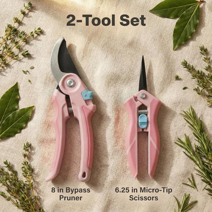 Pruning Shears 2-Pack — 8" Bypass Hand Pruner & 6.25" Precision Snips, SK5 Steel Blades with Non-Stick Coating, Lightweight Garden Shears for Roses, Flowers & Shrubs, Blue