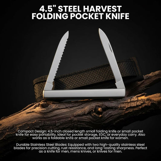 SZCO 4.5" Steel Harvest Folding Pocket Knife for Men – Compact EDC Small Pocket Knife with Dual Stainless Steel Blades Pocket Knives & Folding Knives with Sheath for Gardening, Camping, and Everyday Carry
