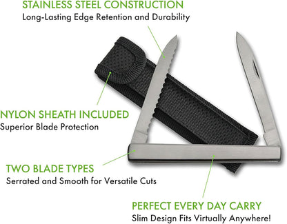 SZCO 4.5" Steel Harvest Folding Pocket Knife for Men – Compact EDC Small Pocket Knife with Dual Stainless Steel Blades Pocket Knives & Folding Knives with Sheath for Gardening, Camping, and Everyday Carry