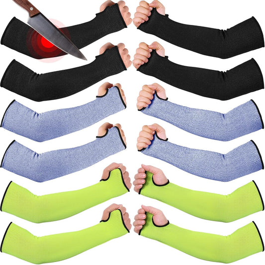 6 Pairs Level 5 Cut Resistant Sleeves with Thumb Hole 18 Inches Arm Protection Sleeve Farmer Gardening (Black,Blue,Green)