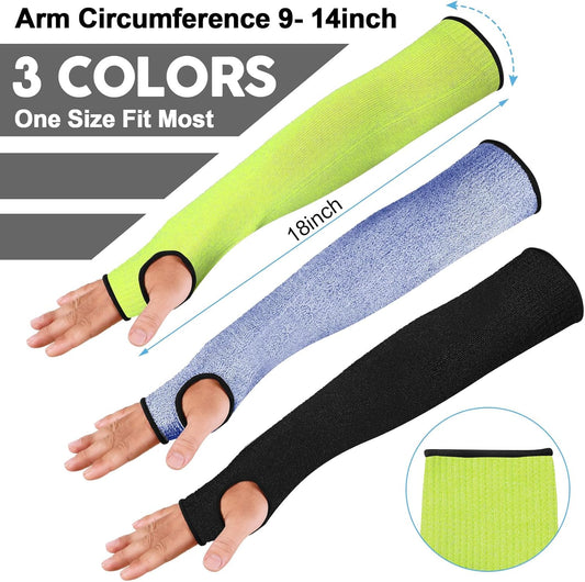 6 Pairs Level 5 Cut Resistant Sleeves with Thumb Hole 18 Inches Arm Protection Sleeve Farmer Gardening (Black,Blue,Green)