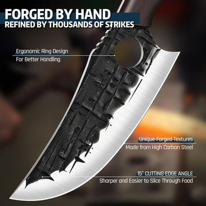 Butcher Knife Set, Hand Forged BBQ Viking Meat Cleaver Knives, Professional Chef Knife Set with Roll Bag for BBQ, Camping, Birthday Gifts for Men Women