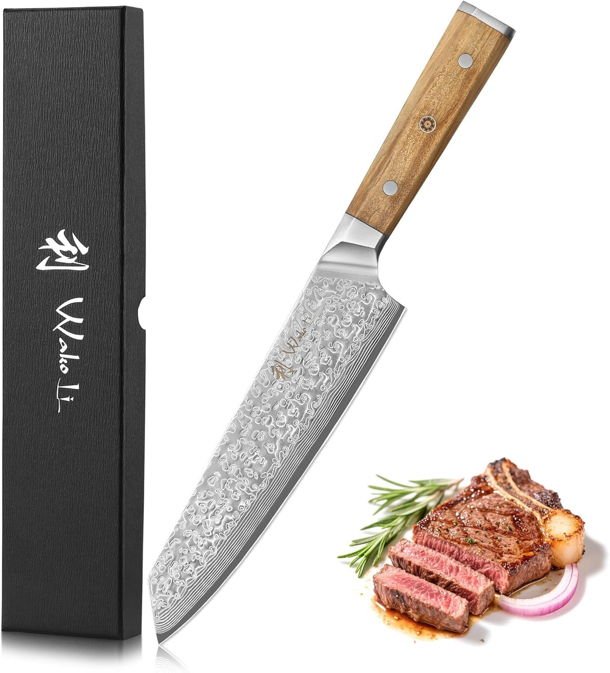 Oribu Kiritsuke Chef Knife, 8-Inch VG10 Damascus, Olive Wood Handle | Precision kiritsuke kitchen knife for peeling fruit, trimming vegetables, shaping garnishes, and detailed kitchen preparation