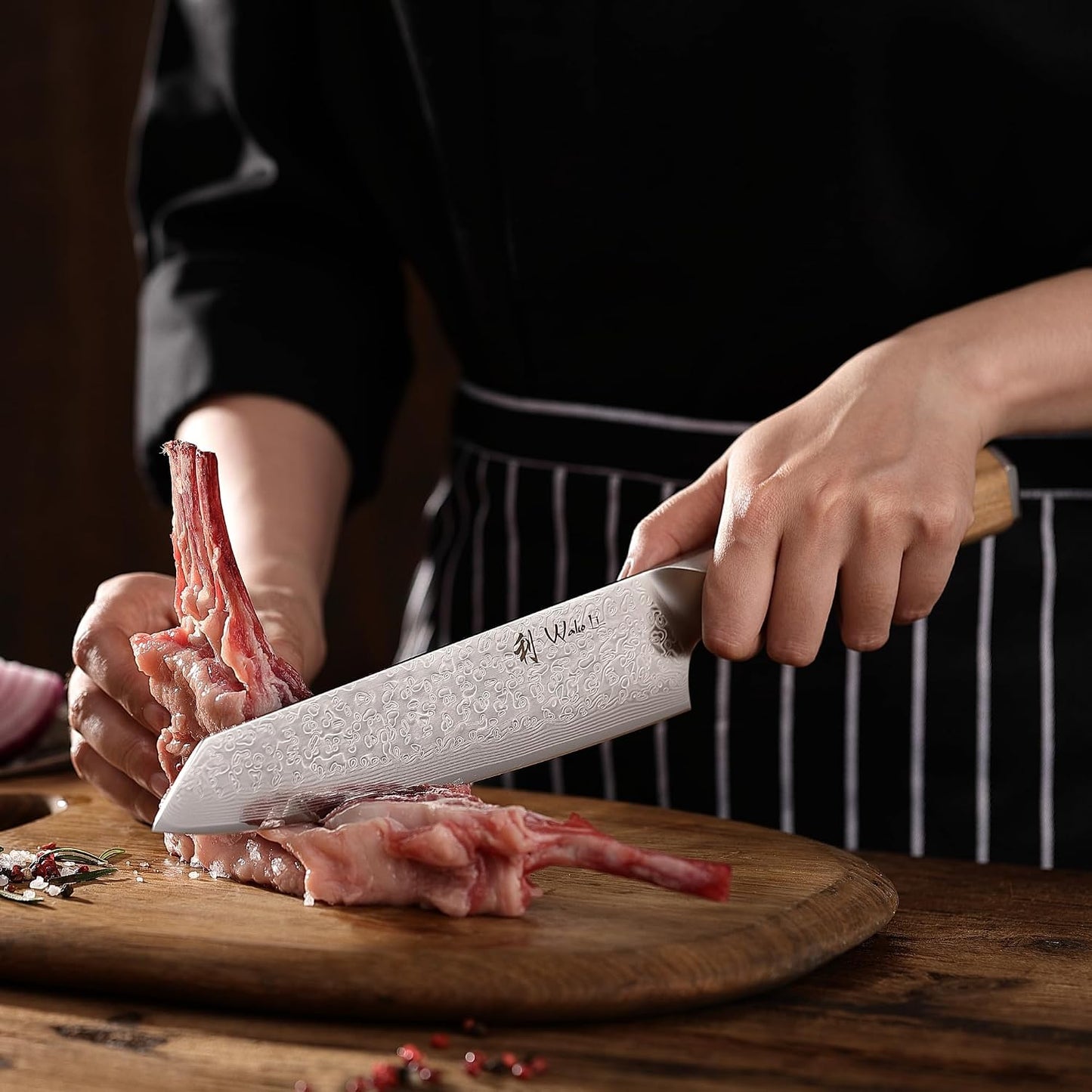 Oribu Kiritsuke Chef Knife, 8-Inch VG10 Damascus, Olive Wood Handle | Precision kiritsuke kitchen knife for peeling fruit, trimming vegetables, shaping garnishes, and detailed kitchen preparation