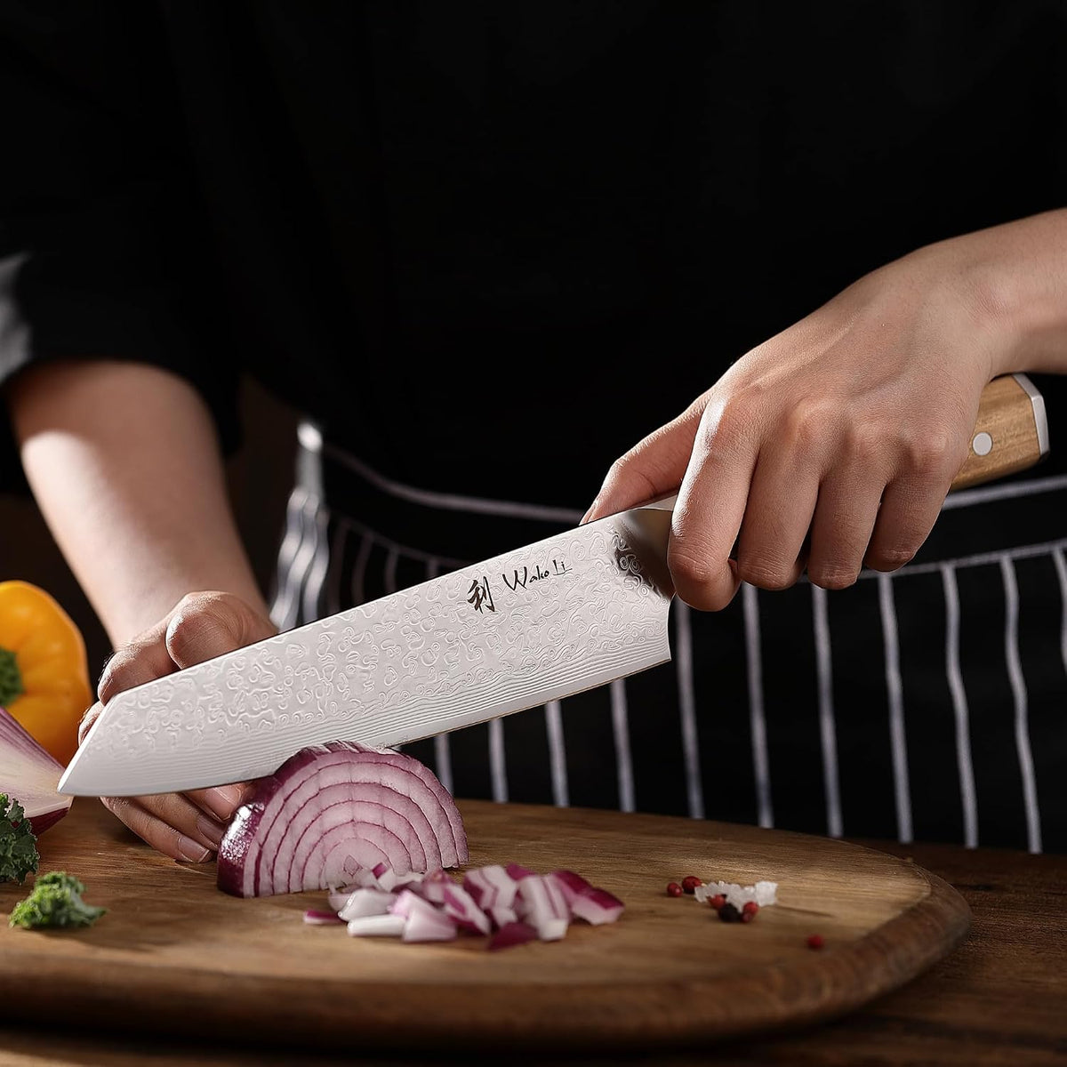 Oribu Kiritsuke Chef Knife, 8-Inch VG10 Damascus, Olive Wood Handle | Precision kiritsuke kitchen knife for peeling fruit, trimming vegetables, shaping garnishes, and detailed kitchen preparation