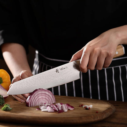 Oribu Kiritsuke Chef Knife, 8-Inch VG10 Damascus, Olive Wood Handle | Precision kiritsuke kitchen knife for peeling fruit, trimming vegetables, shaping garnishes, and detailed kitchen preparation