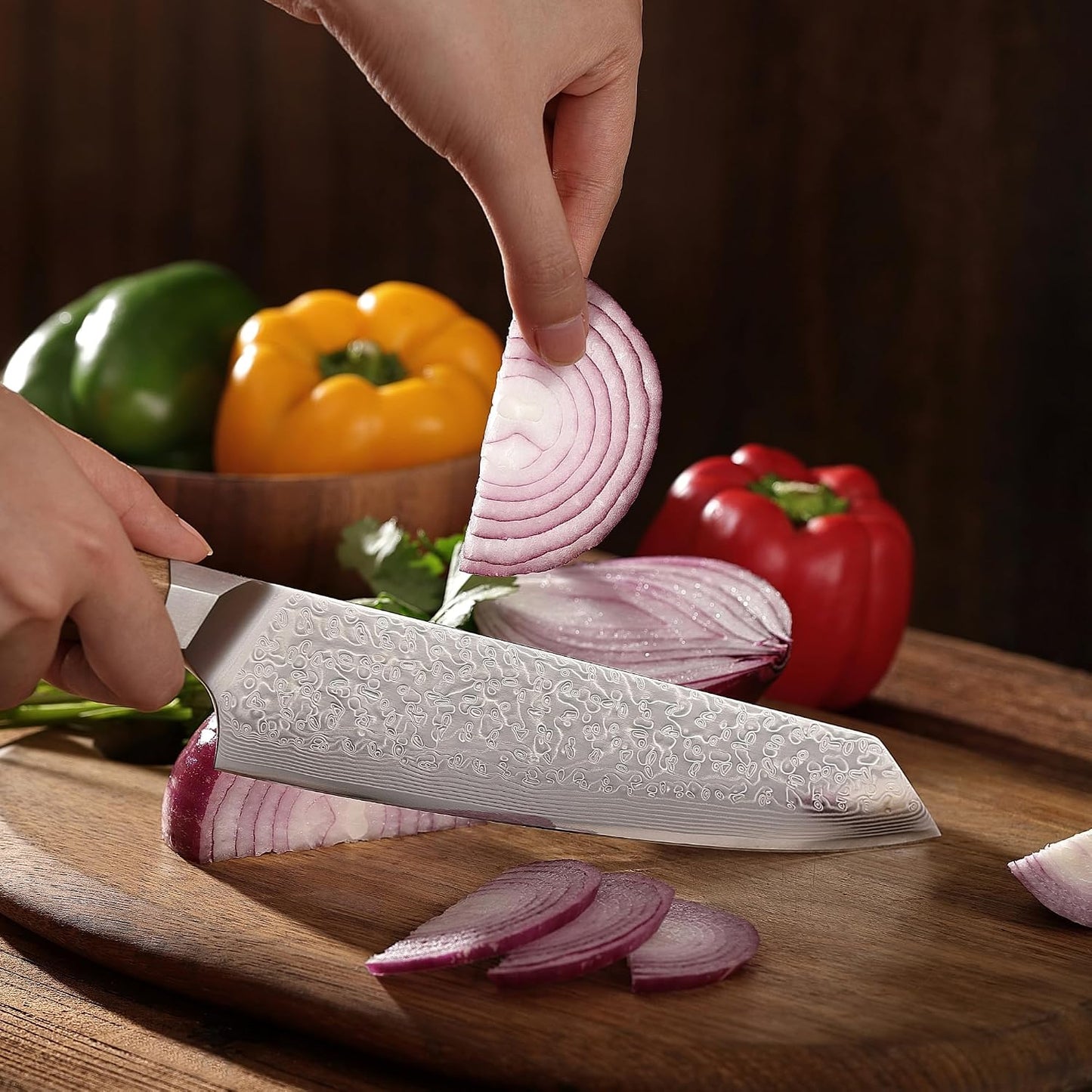 Oribu Kiritsuke Chef Knife, 8-Inch VG10 Damascus, Olive Wood Handle | Precision kiritsuke kitchen knife for peeling fruit, trimming vegetables, shaping garnishes, and detailed kitchen preparation