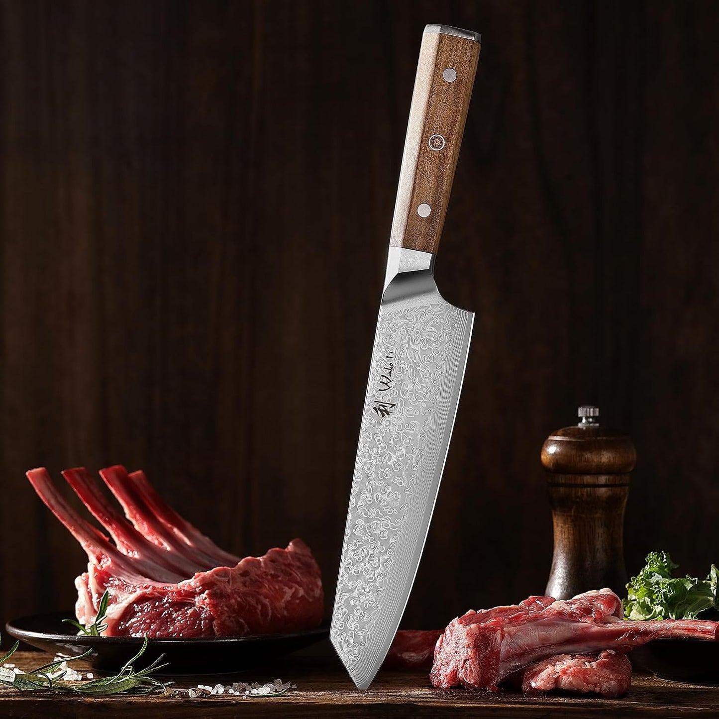 Oribu Kiritsuke Chef Knife, 8-Inch VG10 Damascus, Olive Wood Handle | Precision kiritsuke kitchen knife for peeling fruit, trimming vegetables, shaping garnishes, and detailed kitchen preparation