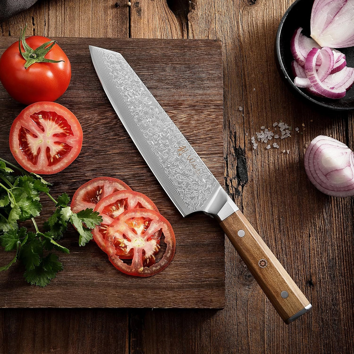 Oribu Kiritsuke Chef Knife, 8-Inch VG10 Damascus, Olive Wood Handle | Precision kiritsuke kitchen knife for peeling fruit, trimming vegetables, shaping garnishes, and detailed kitchen preparation