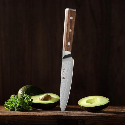 Oribu Kiritsuke Chef Knife, 8-Inch VG10 Damascus, Olive Wood Handle | Precision kiritsuke kitchen knife for peeling fruit, trimming vegetables, shaping garnishes, and detailed kitchen preparation