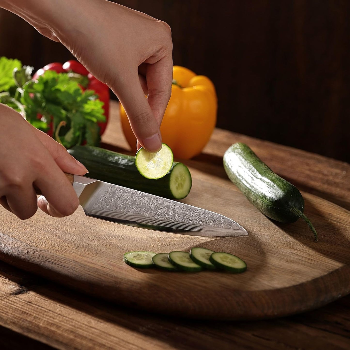 Oribu Kiritsuke Chef Knife, 8-Inch VG10 Damascus, Olive Wood Handle | Precision kiritsuke kitchen knife for peeling fruit, trimming vegetables, shaping garnishes, and detailed kitchen preparation