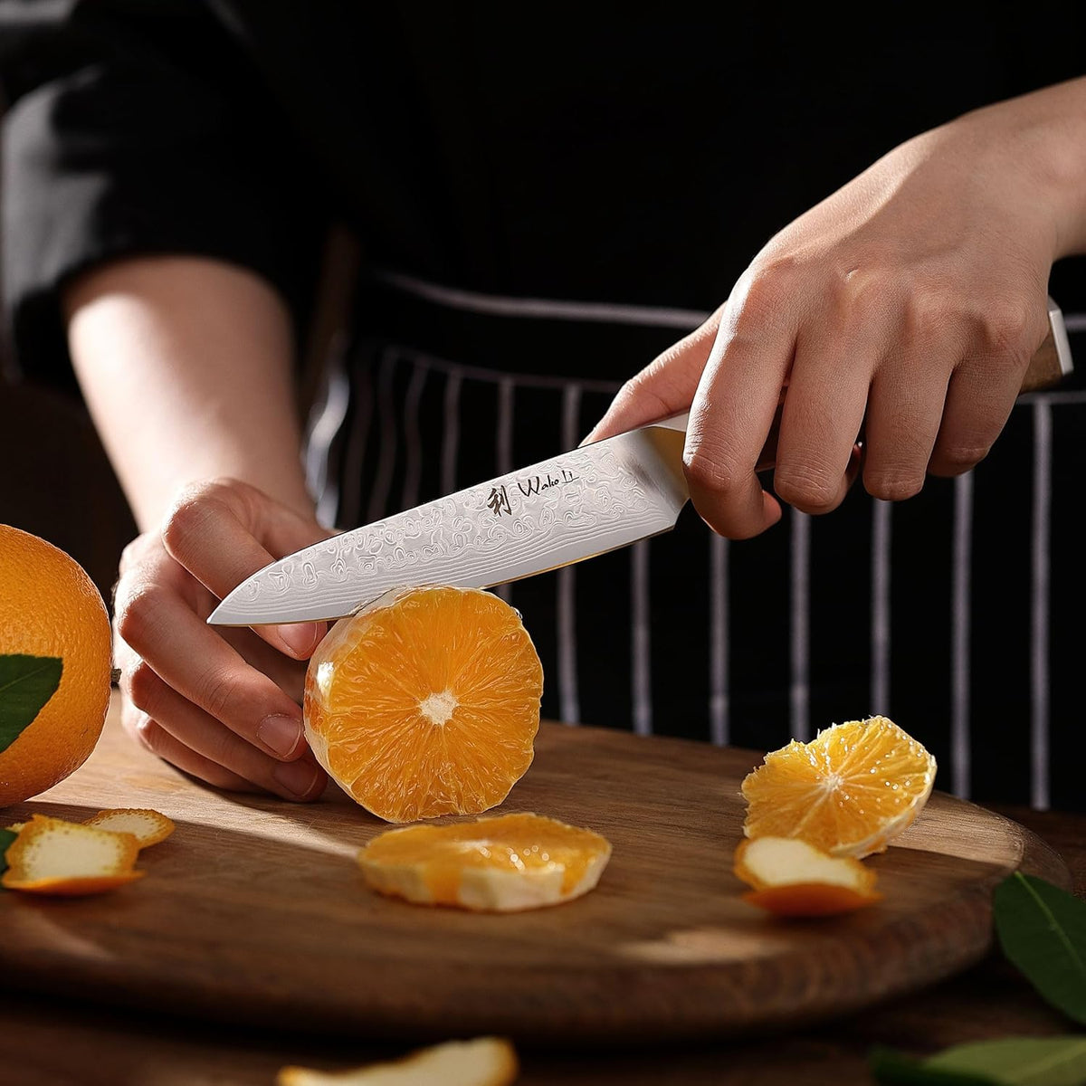 Oribu Kiritsuke Chef Knife, 8-Inch VG10 Damascus, Olive Wood Handle | Precision kiritsuke kitchen knife for peeling fruit, trimming vegetables, shaping garnishes, and detailed kitchen preparation