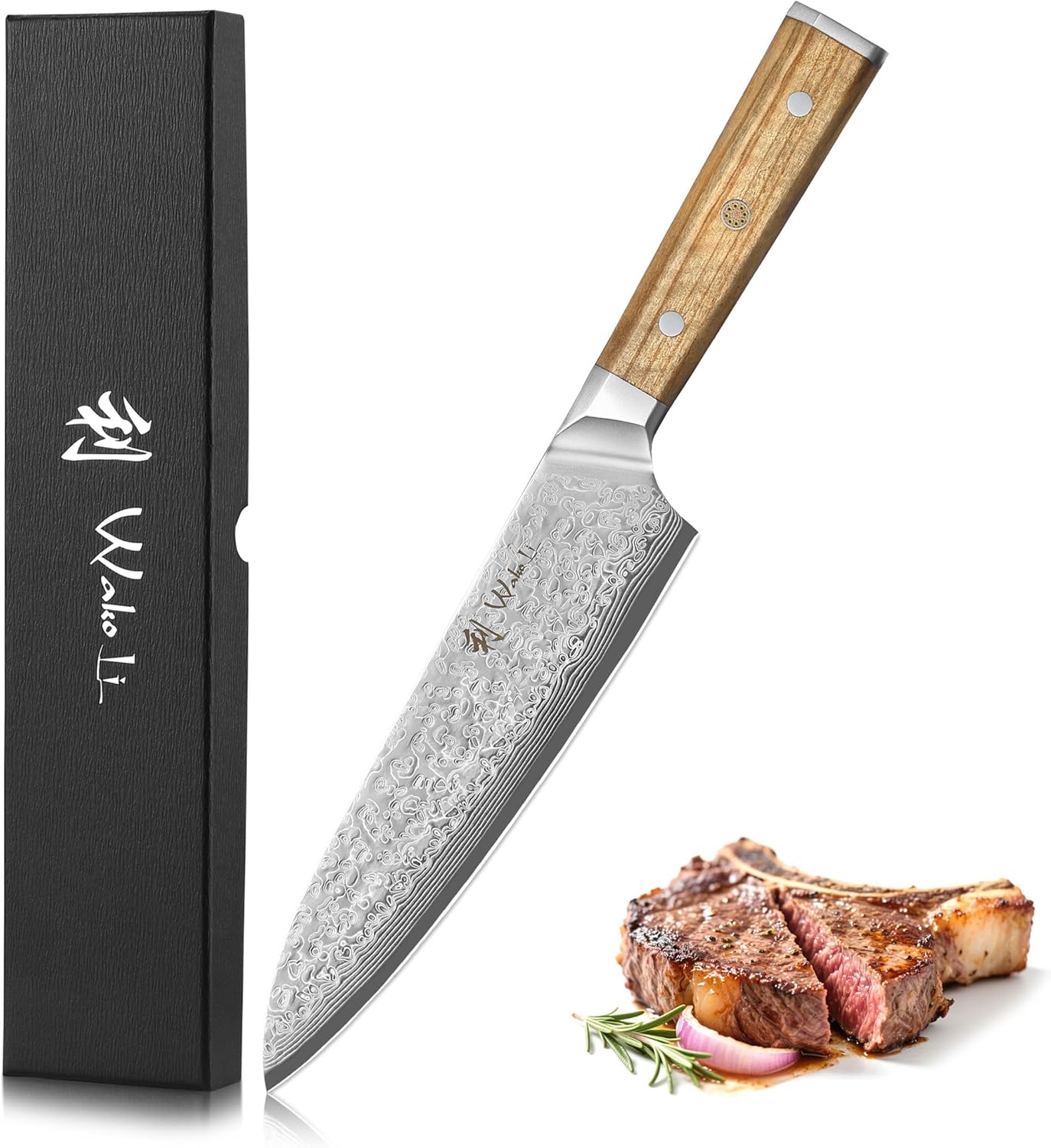 Oribu Kiritsuke Chef Knife, 8-Inch VG10 Damascus, Olive Wood Handle | Precision kiritsuke kitchen knife for peeling fruit, trimming vegetables, shaping garnishes, and detailed kitchen preparation
