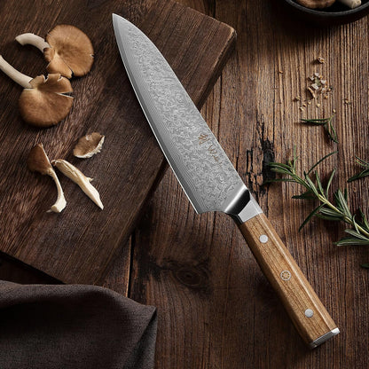 Oribu Kiritsuke Chef Knife, 8-Inch VG10 Damascus, Olive Wood Handle | Precision kiritsuke kitchen knife for peeling fruit, trimming vegetables, shaping garnishes, and detailed kitchen preparation