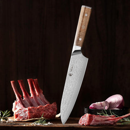 Oribu Kiritsuke Chef Knife, 8-Inch VG10 Damascus, Olive Wood Handle | Precision kiritsuke kitchen knife for peeling fruit, trimming vegetables, shaping garnishes, and detailed kitchen preparation