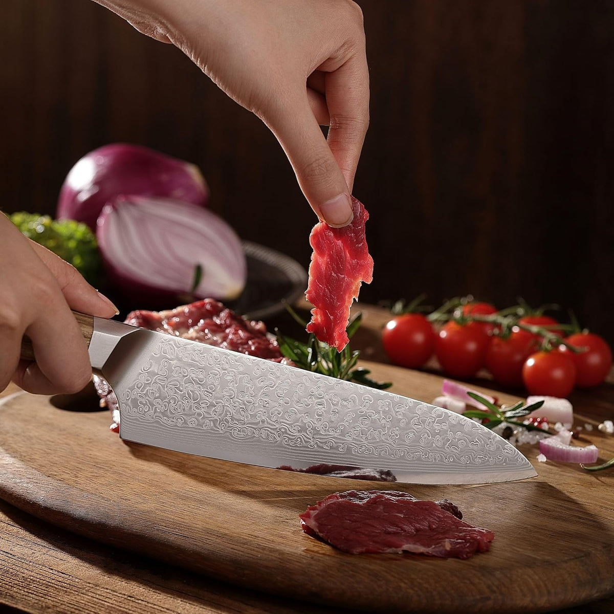Oribu Kiritsuke Chef Knife, 8-Inch VG10 Damascus, Olive Wood Handle | Precision kiritsuke kitchen knife for peeling fruit, trimming vegetables, shaping garnishes, and detailed kitchen preparation
