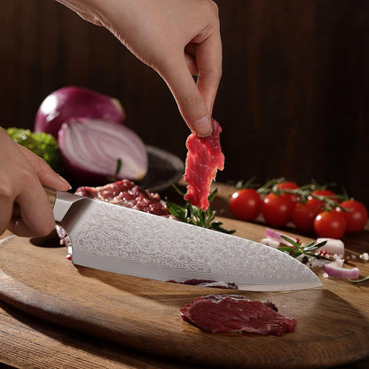 Oribu Kiritsuke Chef Knife, 8-Inch VG10 Damascus, Olive Wood Handle | Precision kiritsuke kitchen knife for peeling fruit, trimming vegetables, shaping garnishes, and detailed kitchen preparation